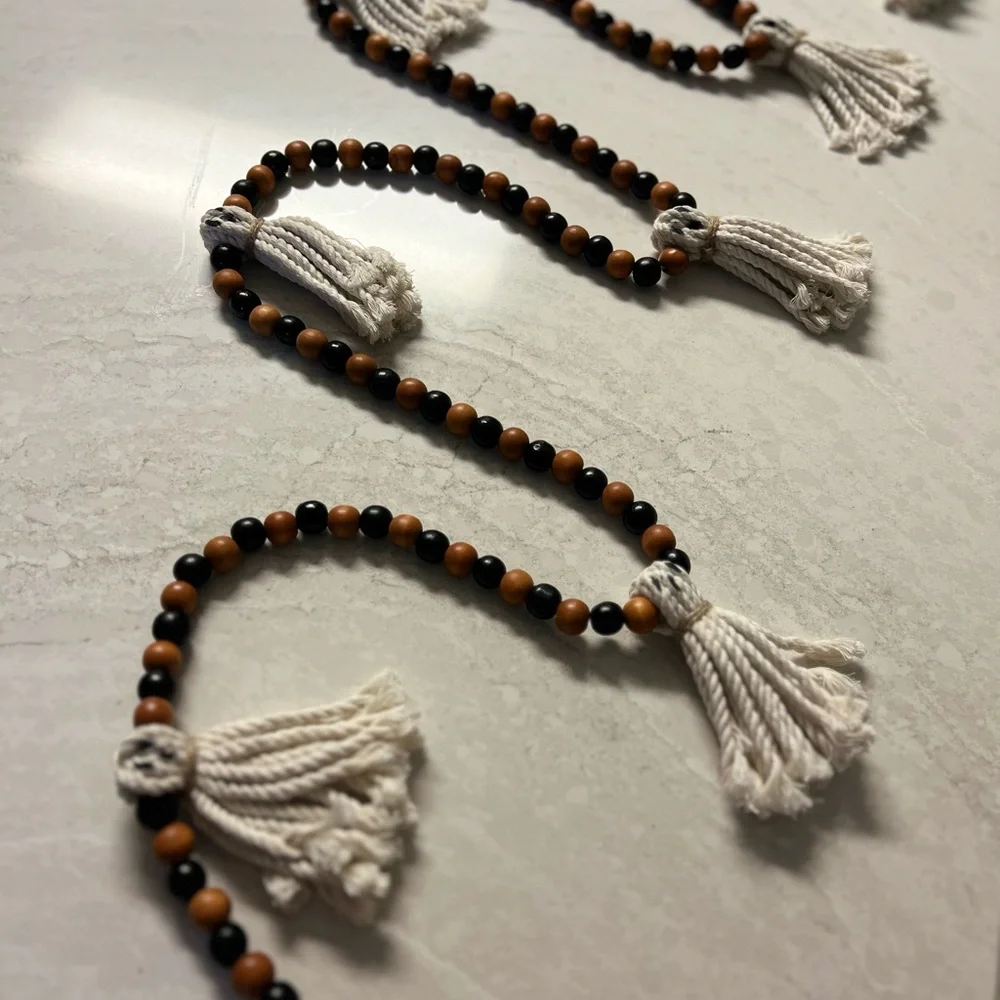 Wooden Halloween Garland 7Ft Ghosts Beaded Handmade Cottage Rustic Farmhouse